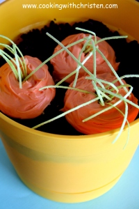 Dirt Cake with "Carrot Cupcakes" topped with edible Easter grass